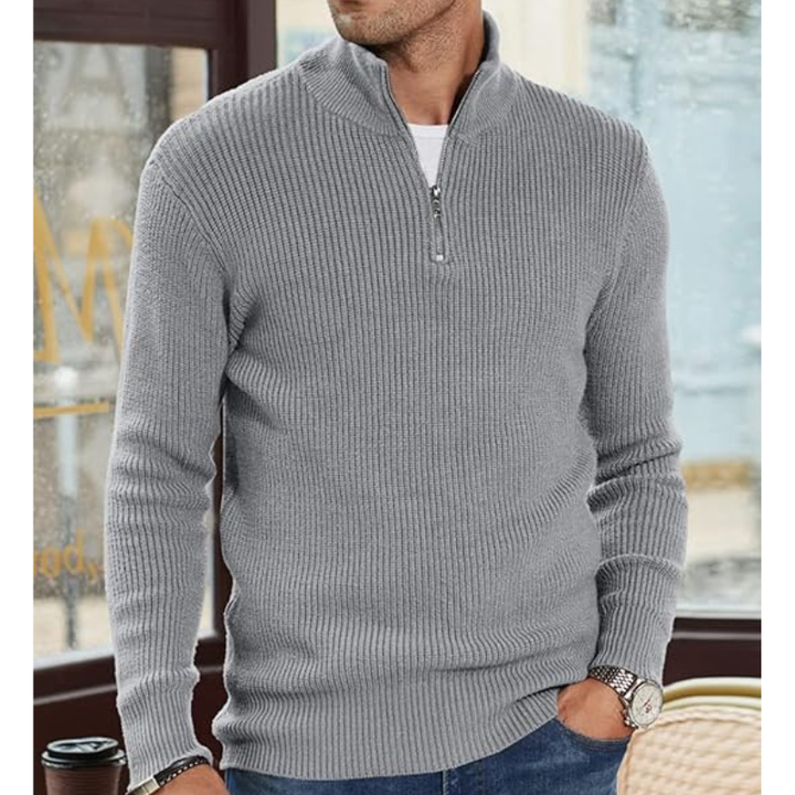 Men's Half-Zip Knit Sweater - Warm Pullover - Grey
