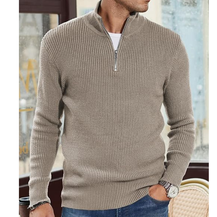 Men's Half-Zip Knit Sweater - Warm Pullover - Khaki