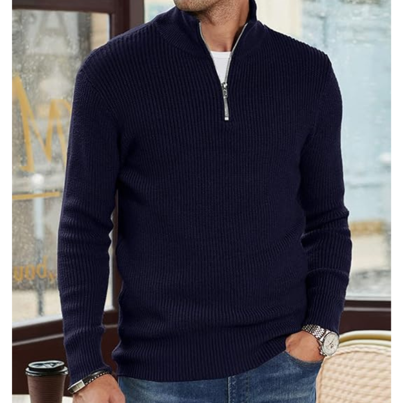 Men's Half-Zip Knit Sweater - Warm Pullover - Navy