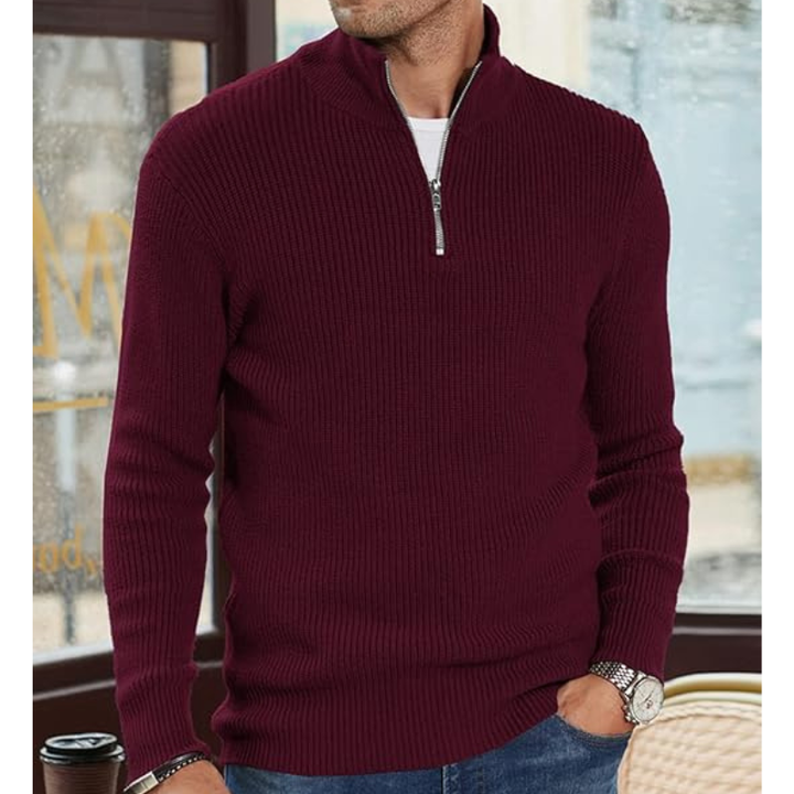Men's Half-Zip Knit Sweater - Warm Pullover - Red