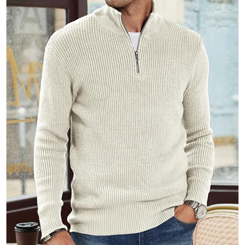 Men's Half-Zip Knit Sweater - Warm Pullover - White