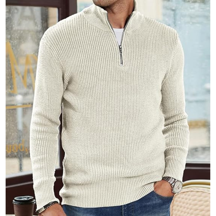 Men's Half-Zip Knit Sweater - Warm Pullover - White