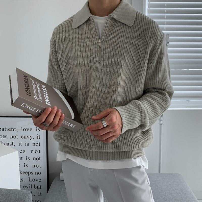 Men's Half-Zip Pullover Sweater - Relaxed Fit Casual - Grey