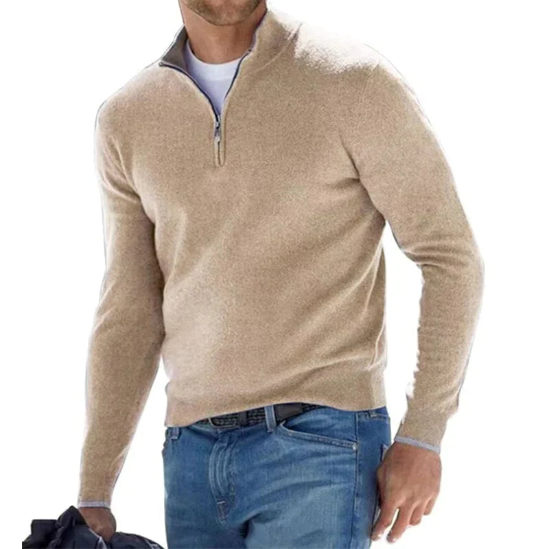 Men's Half-Zip Sweater - Casual Comfort Knit - Khaki