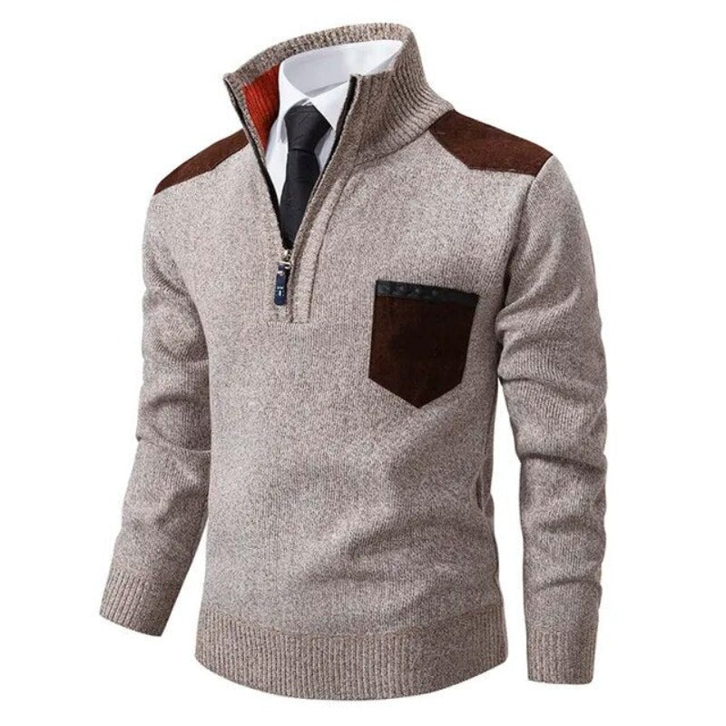 Men's Half Zip Sweater – Fine Knit Crewneck - Beige