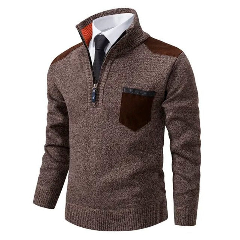 Men's Half Zip Sweater – Fine Knit Crewneck - Brown