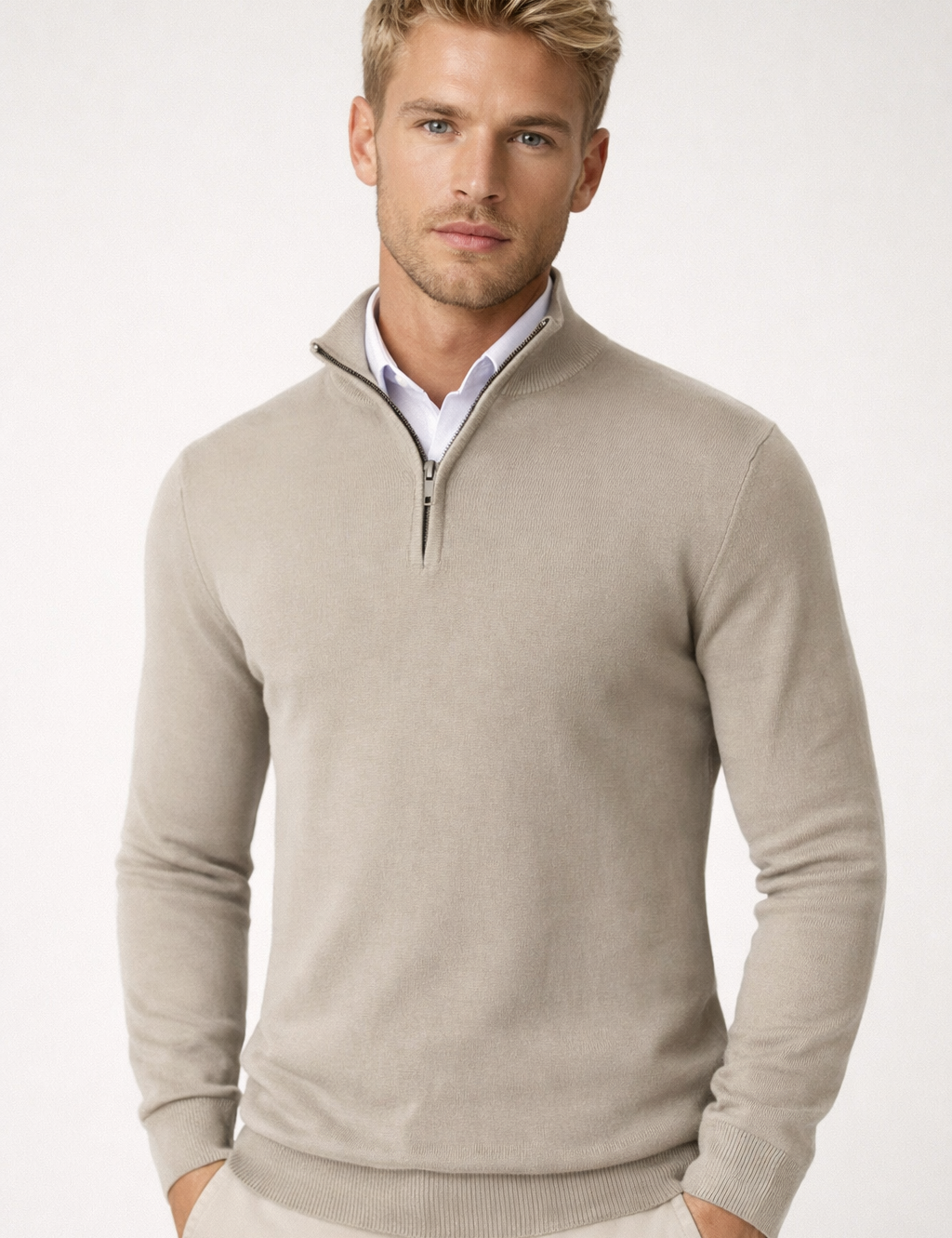 Men's Half-Zip Sweater - Soft Knit Crewneck - Beige