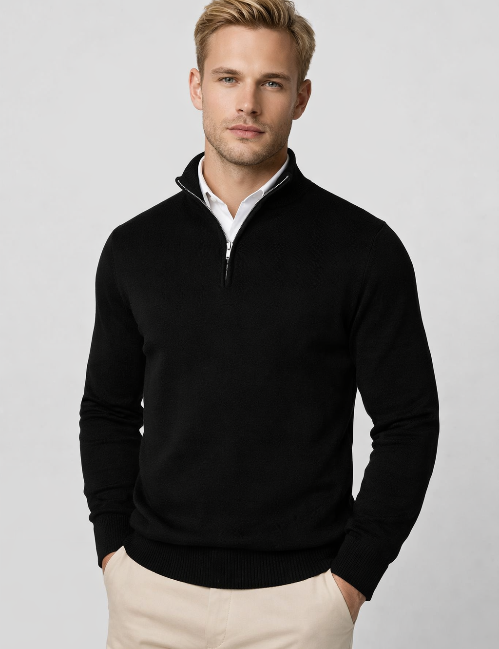 Men's Half-Zip Sweater - Soft Knit Crewneck - Black