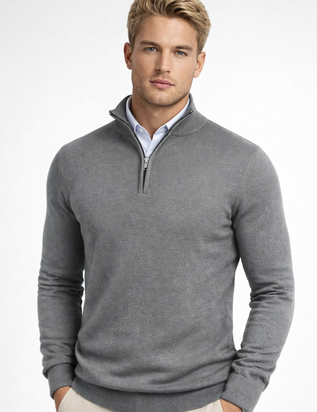Men's Half-Zip Sweater - Soft Knit Crewneck - Grey