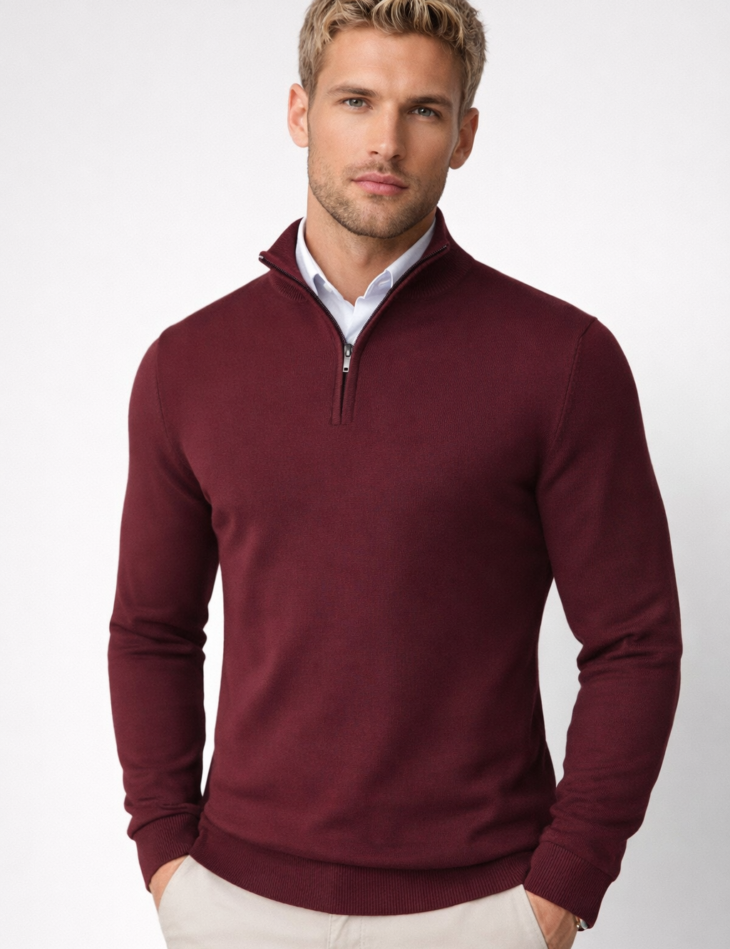 Men's Half-Zip Sweater - Soft Knit Crewneck - Red