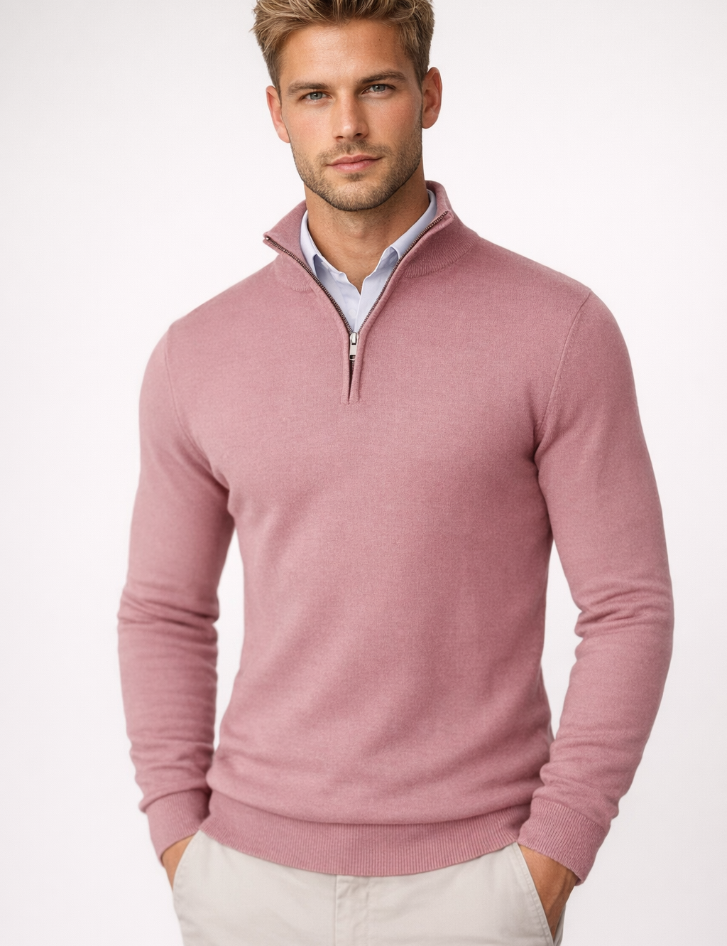 Men's Half-Zip Sweater - Soft Knit Crewneck - Rose