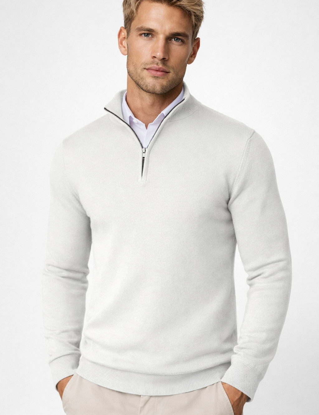 Men's Half-Zip Sweater - Soft Knit Crewneck - White