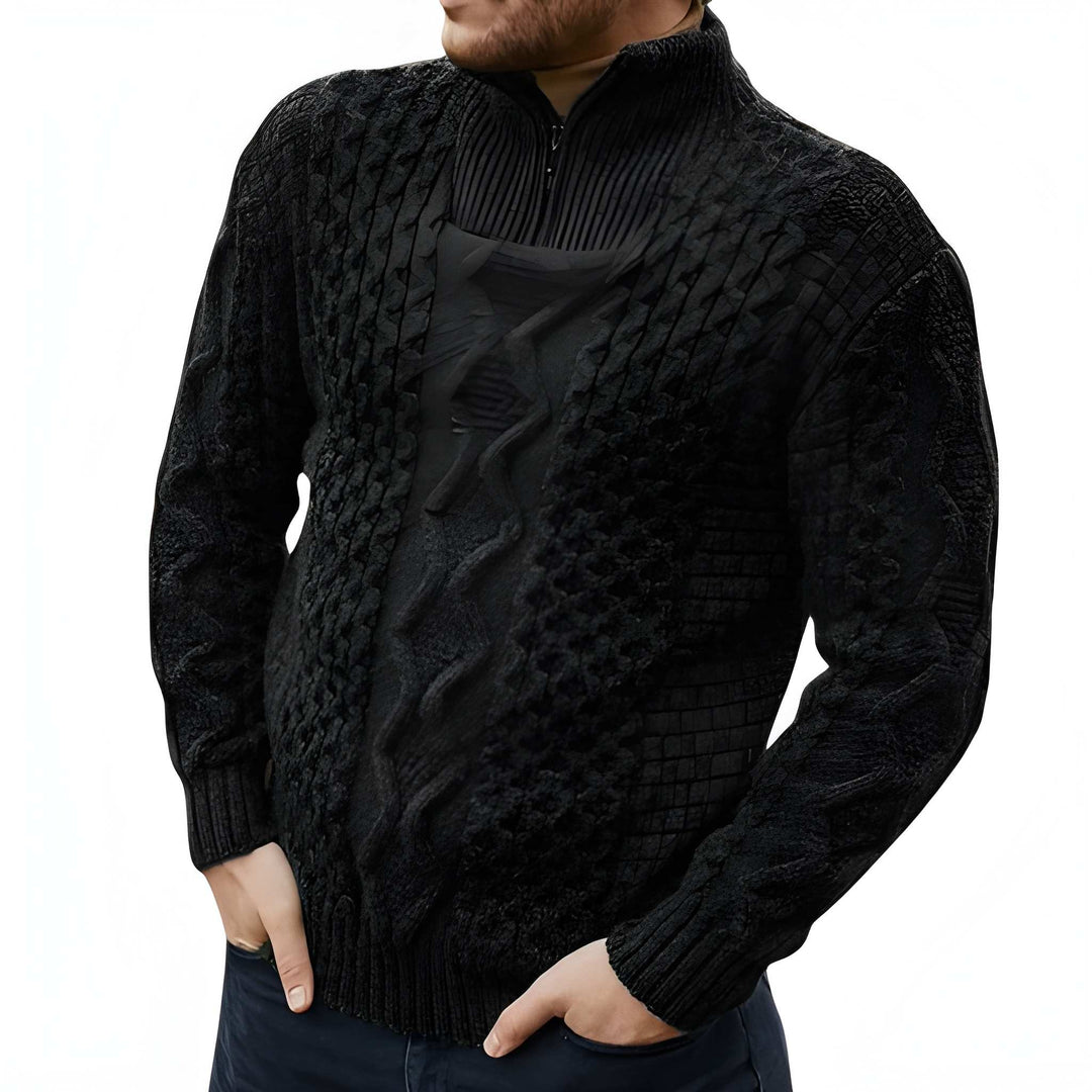 Men's Half-Zip Sweater with Stand Collar - Athletic Fit - Black