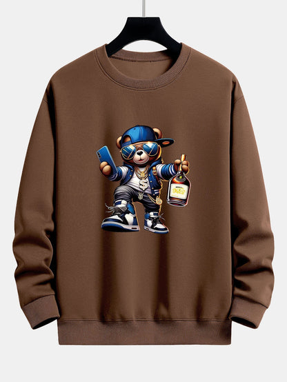 Men's Hip Hop Teddy Bear Graphic Sweatshirt – Relaxed Fit Crew Neck - Brown