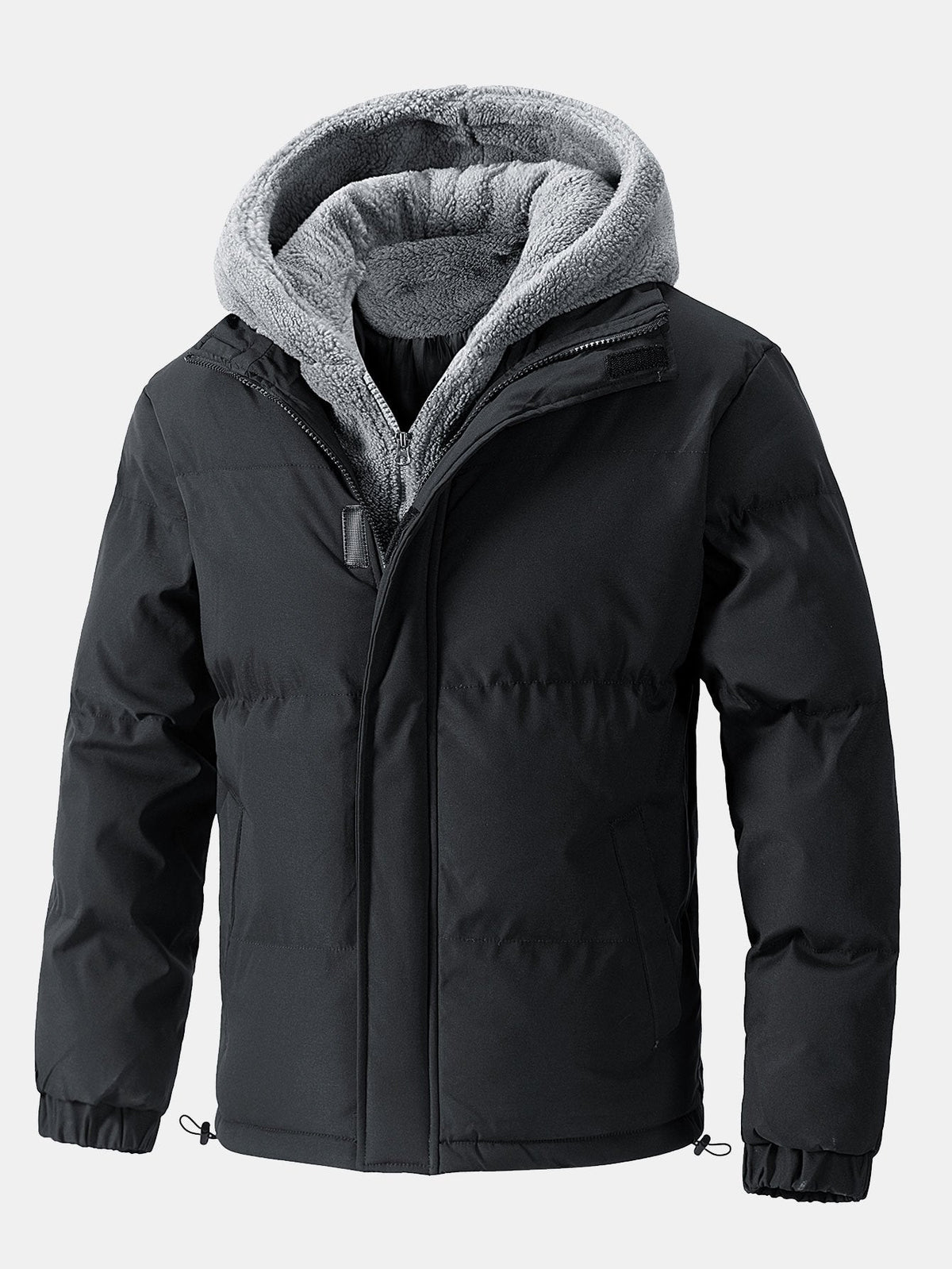 Men's Hooded Puffer Jacket with Teddy Fleece Lining – Winter Coat - Black