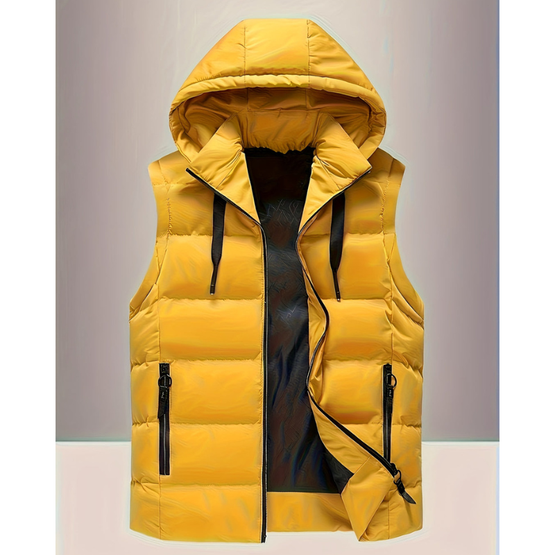 Men's Hooded Winter Vest - Lightweight Quilted Outdoor Bodywarmer - Yellow