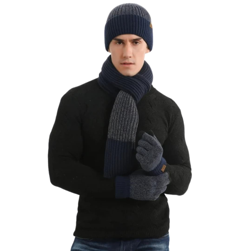 Men's Knit Beanie, Scarf & Gloves Set - Winter Warmth - Blue