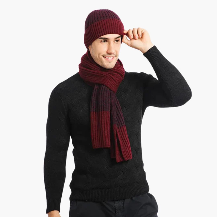 Men's Knit Beanie, Scarf & Gloves Set - Winter Warmth - Red