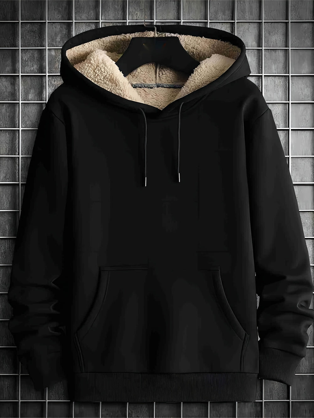 Men's Knit Hoodie with Faux Fur Lining - Warm Winter Casual - Black