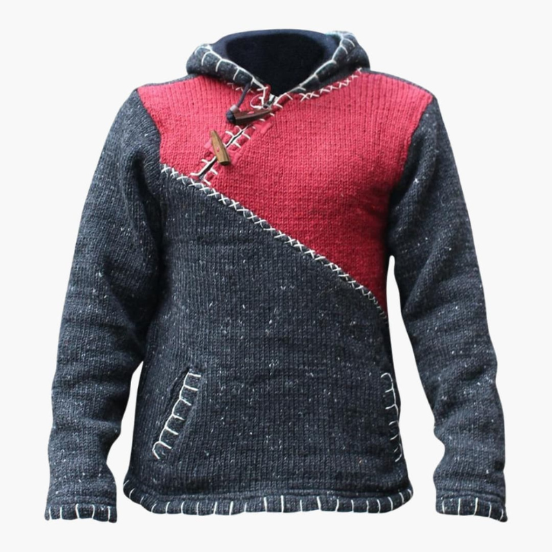Men's Knit Hoodie with Kangaroo Pocket - Handstitched Design - Red