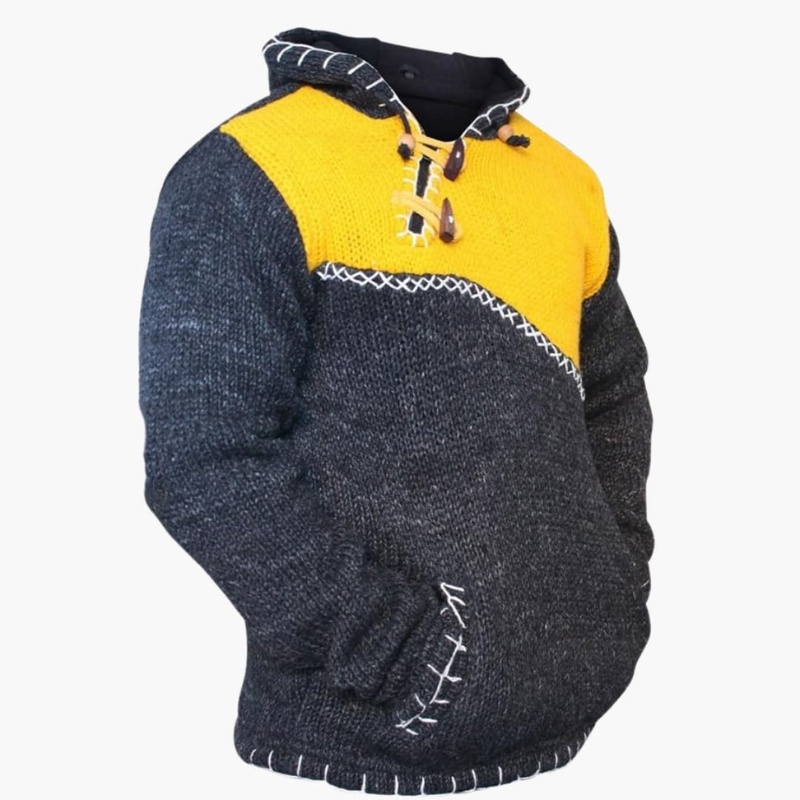 Men's Knit Hoodie with Kangaroo Pocket - Handstitched Design - Yellow