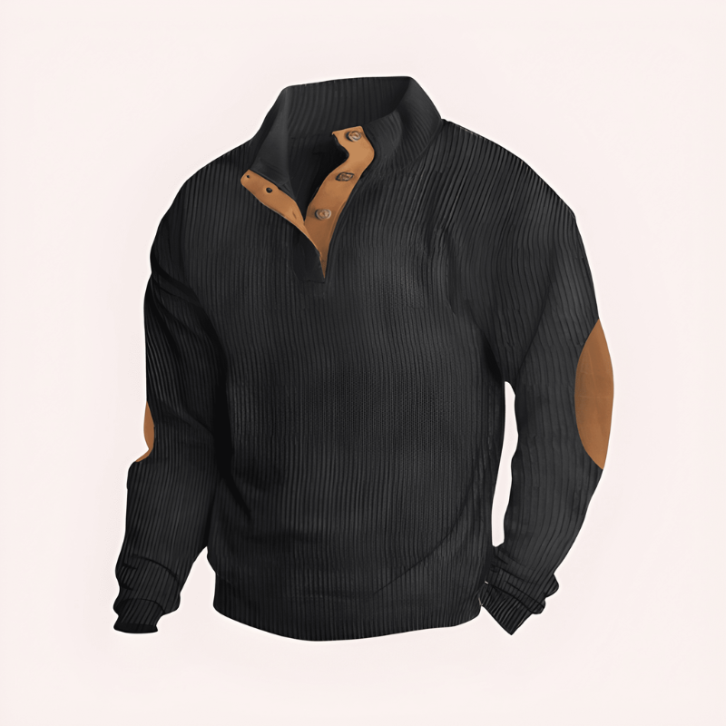 Men's Knit Sweater with Stand Collar - Warm Textured Knit - Black