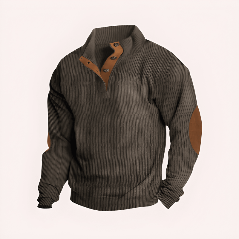 Men's Knit Sweater with Stand Collar - Warm Textured Knit - Brown