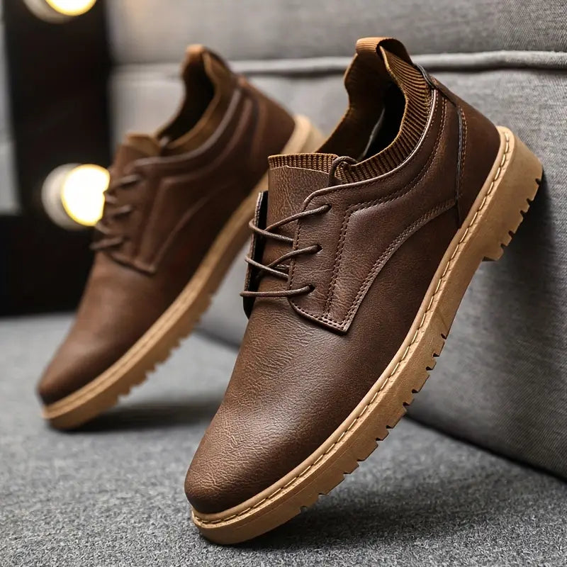 Men's Lace-Up Casual Leather Shoes - Antislip Sole - Brown
