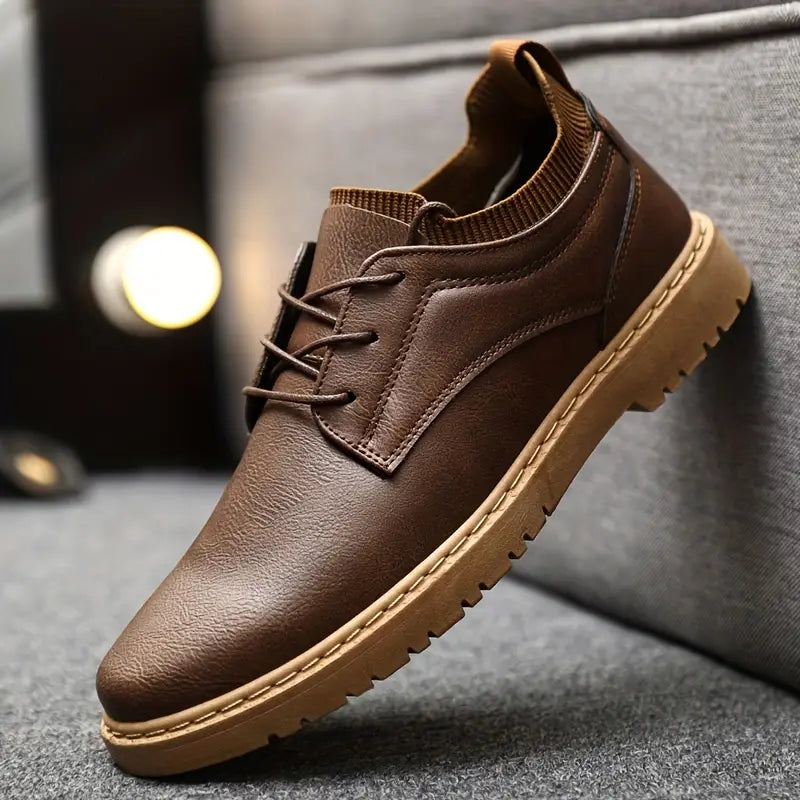 Men's Lace-Up Casual Leather Shoes - Antislip Sole