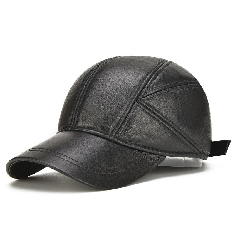 Men's Leather Cap with Ear Flaps - Adjustable Strap - Black