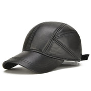 Men's Leather Cap with Ear Flaps - Adjustable Strap - Black