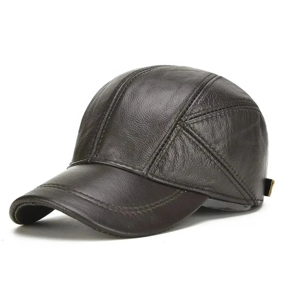 Men's Leather Cap with Ear Flaps - Adjustable Strap - Grey