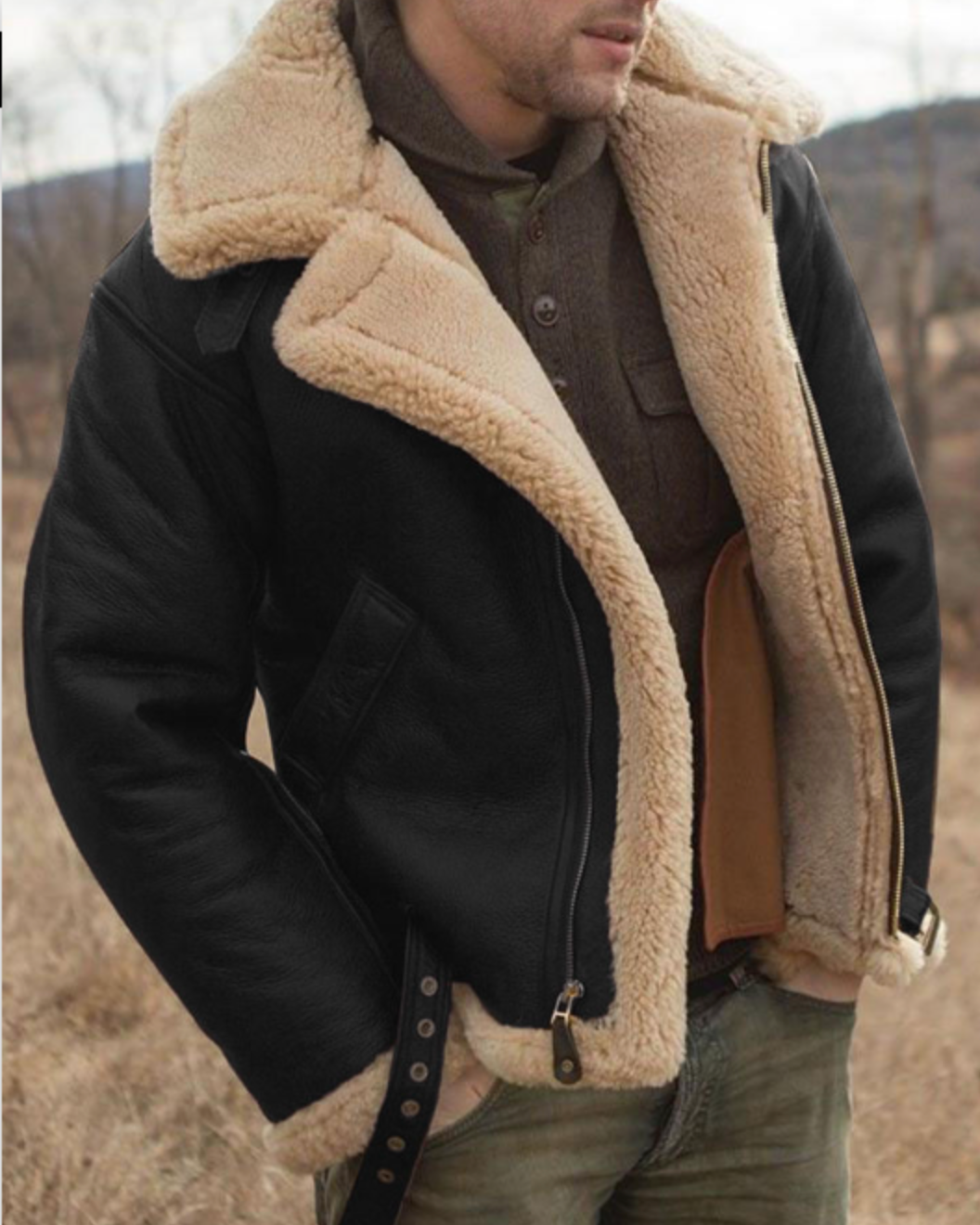 Men's Leather Pilot Jacket - Classic Sherpa Lined - Black
