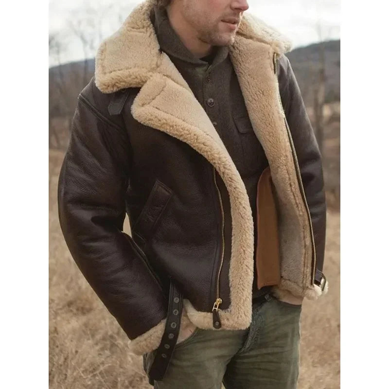 Men's Leather Pilot Jacket - Classic Sherpa Lined - Brown