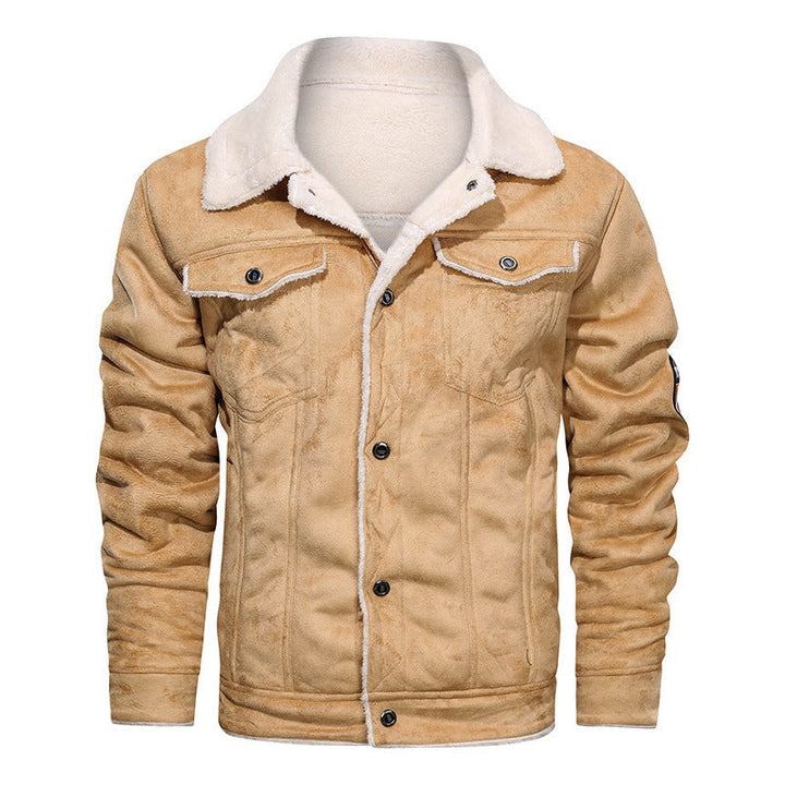Men's Leather Winter Jacket - Classic Slim Fit - Khaki