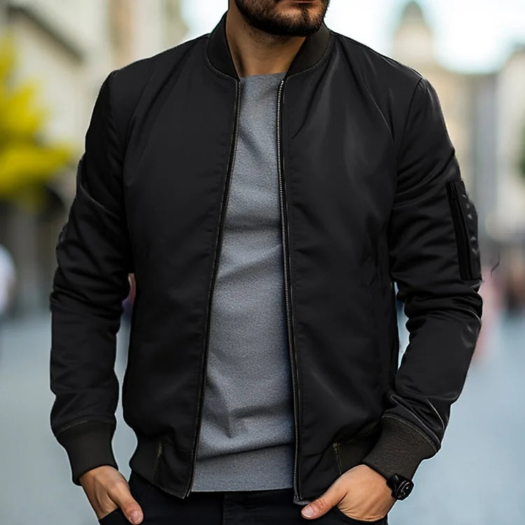 Men's Lightweight Bomber Jacket - Windproof Casual Jacket with Pockets - Black