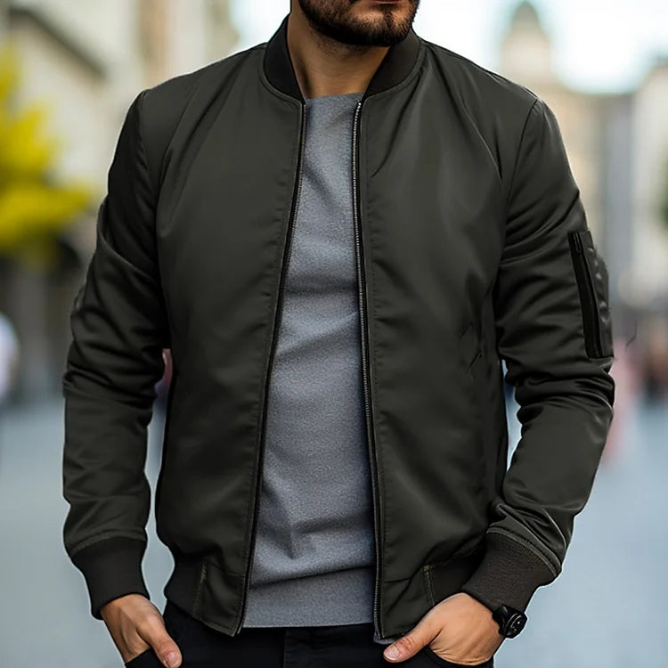 Men's Lightweight Bomber Jacket - Windproof Casual Jacket with Pockets - Green