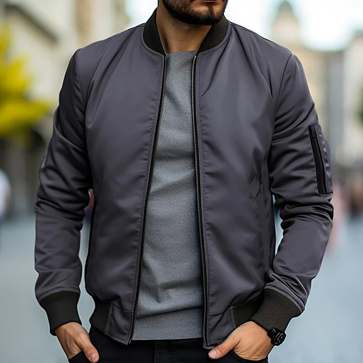 Men's Lightweight Bomber Jacket - Windproof Casual Jacket with Pockets - Grey