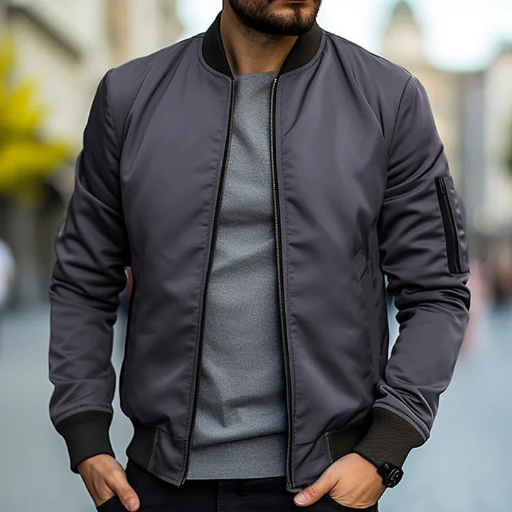 Men's Lightweight Bomber Jacket - Windproof Casual Jacket with Pockets - Grey