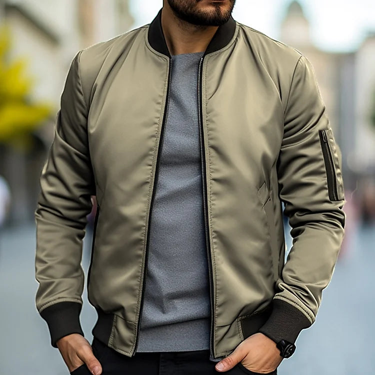 Men's Lightweight Bomber Jacket - Windproof Casual Jacket with Pockets - Khaki