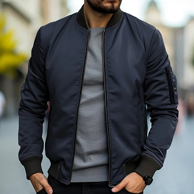 Men's Lightweight Bomber Jacket - Windproof Casual Jacket with Pockets - Navy