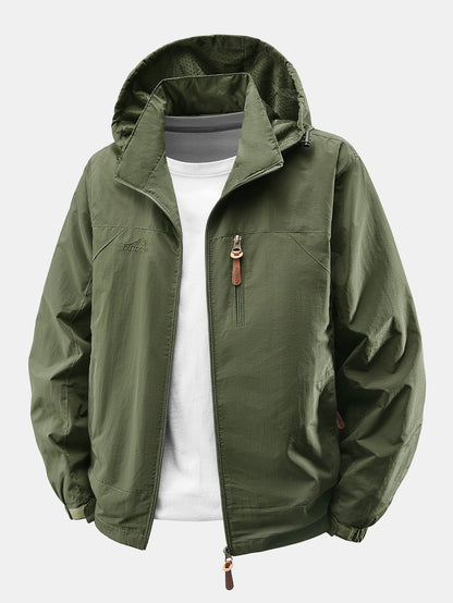 Men's Lightweight Nylon Windbreaker Jacket – Relaxed Fit Zip-Up - Army Green
