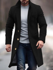 Men's Long Coat with Button Details - Modern Tailored Fit - Black