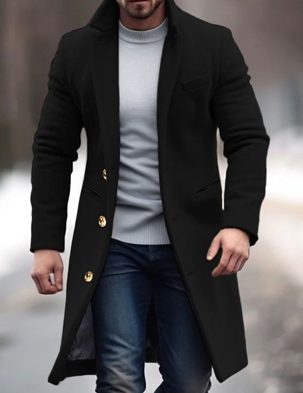 Men's Long Coat with Button Details - Modern Tailored Fit - Black
