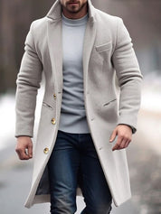 Men's Long Coat with Button Details - Modern Tailored Fit - Grey