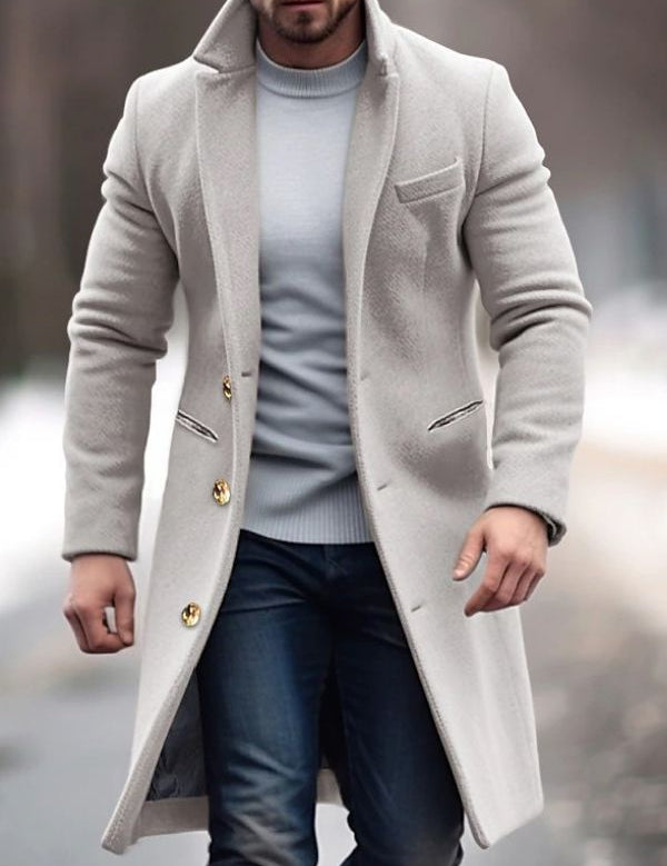 Men's Long Coat with Button Details - Modern Tailored Fit - Grey