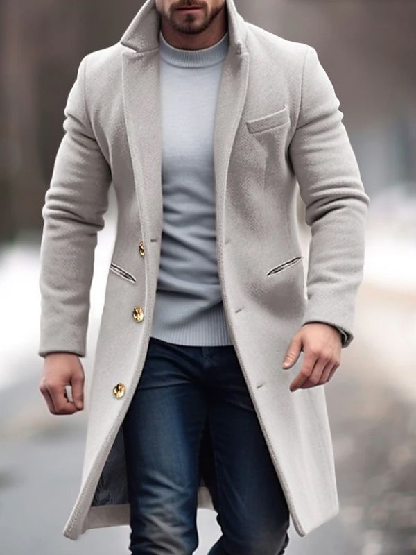 Men's Long Coat with Button Details - Modern Tailored Fit - Grey