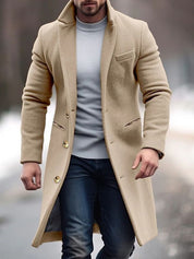 Men's Long Coat with Button Details - Modern Tailored Fit - Khaki