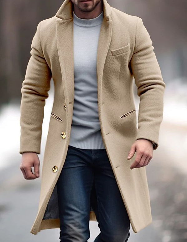 Men's Long Coat with Button Details - Modern Tailored Fit - Khaki