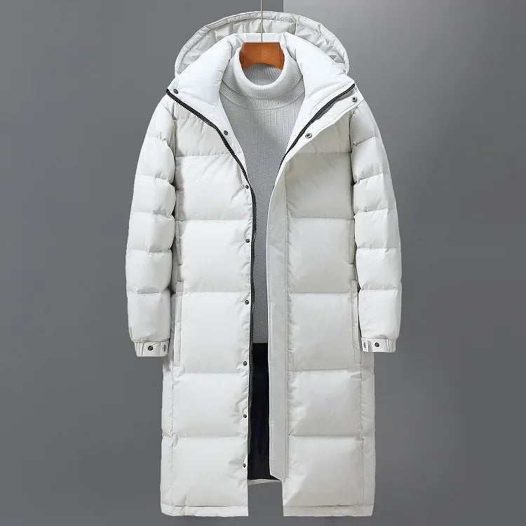 Men's Long Parka Jacket - Warm Winter Coat with Hood - White